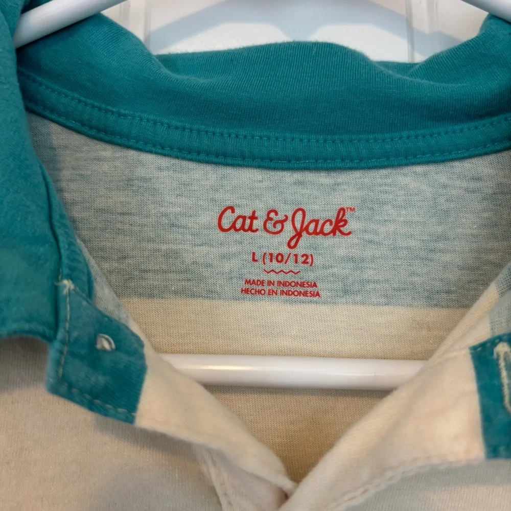Cat & Jack Teal and Cream Striped Kids Polo Shirt Size Large 10/12